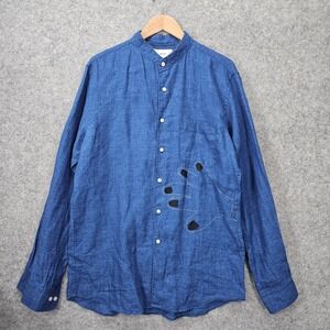 Mandarin Collar Shirt Men Blue Linen Button Up Hand Art Statement DEAR M L 22x32